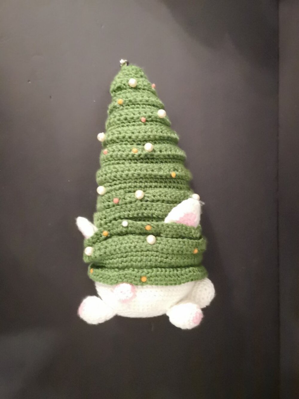 Handmade Crochet Christmas Tree Shape Cat Green w/ White Beads 14" Tall